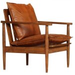 Fauteuil chaise sige lounge design club sofa salon cuir vritable avec bois d'acacia marron