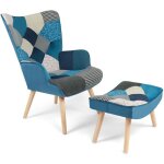 Idmarket - fauteuil scandinave ivar avec repose pieds en tissu patchwork et velours bleu