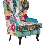 Fauteuil style bergère en tissu patchwork multicolore pieds noirs pop art molde Fauteuil style bergère en tissu patchwork multicolore pieds noirs pop art molde