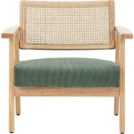 Homifab ? fauteuil en velours c�tel� vert ? cannage naturel ? dossier droit ? assise confortable 38 cm ...