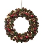 F��ric lights and christmas - couronne de no�l avec houx, pomme de pins, �toiles paillettes rouges, diam�tre ...
