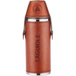 Flasque � alcool avec 2 verres - inox et similicuir marron