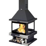 Fm - pole  bois chemine centrale 4 faces - firematic oregon 13. 8 kw porte fonte - avec vitre srigraphie ...