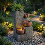 Fontaine de jardin 27x26x31 cm � 3 niveaux avec led et jardini�re int�gr�e, r�sine grise pour terrasse ...