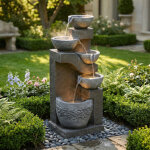 Fontaine de jardin avec �clairage led, pompe � eau, habillage ext�rieur en pierre artificielle et bassin ...