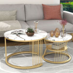 Fortuna lai - lot de 2 tables basses gigogne rondes - motif marbre, cadre dor�, 70 / 45 - blanc