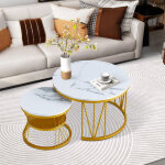 Fortuna lai - lot de 2 tables basses gigognes, table ronde, plateau en marbre, pied en fer forme en v, ...