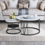 Fortuna lai - lot de 2 tables basses gigognes, table ronde, plateau en marbre, pied en fer forme en v, ...