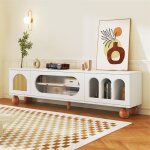 Fortuna lai - meuble tv blanc, 170x47x37cm, avec 3 porte dont 1 porte coulissante, pieds en bois massif ...