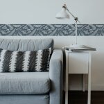 Frise adh�sive autocollante 15 cm x 300 cm, d�corative, bleu gris, motif feuilles botaniques - setermoen. ...