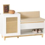Banc à chaussures avec coussin confortable, porte à treillis aérée, tiroir de rangement et pieds en bois, ... Banc à chaussures avec coussin confortable, porte à treillis aérée, tiroir de rangement et pieds en bois, ...