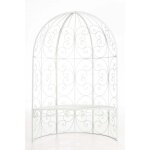 Arche  rosier rosie en forme de demi pavillon avec banc de jardin blanc