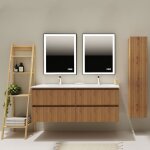 Meuble salle de bain 140 cm - double vasque solid surface - effet bois stri - a suspendre - karaib 2 ...