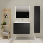 Meuble salle de bain 80 cm - plan vasque céramique - noir mat - a suspendre - karaib 2 Meuble salle de bain 80 cm - plan vasque céramique - noir mat - a suspendre - karaib 2