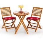 Goplus 3pcs salon de jardin pliant - 2 chaises + 1 table + 2 coussins en bois d'acacia - table et chaise ...