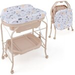 Goplus - baignoire b�b� pliable, table � langer avec rangement � roulettes, pour 0 - 12 mois, beige