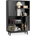 Goplus - bibliotheque meuble de rangement a 4 niveaux avec 4 etageres ouvertes et 2 cabinets de porte, ...