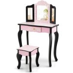 Goplus - ensemble de coiffeuse et tabouret pour enfants, avec miroir rabattable, tiroir unique, plateau ...