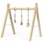Goplus portique d?eveil bebe pliable en bois, avec 3 anneaux de tirage de jeu, structure triangulaire ...