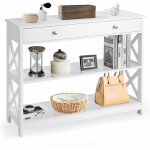 Goplus ? table console 3 niveaux blanche ? structure en x pour stabilit� ? 2 �tag�res et tiroir large ...