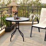 Table de jardin ronde d. 70x71cm - plateau en verre - trou de parasol de 43mm - structure métallique ... Table de jardin ronde d. 70x71cm - plateau en verre - trou de parasol de 43mm - structure métallique ...
