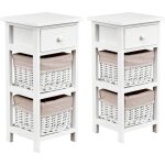 Table de nuit avec tiroir & 2 paniers tress�s, meuble d'appoint en bois massif, table de chevet � c�t� ...