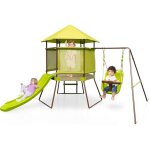 Toboggan 4 en 1 goplus aire de jeux en bois, r�glable en hauteur, cabane enfant couverte pour 3 - 7 ans, ...