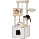 Pawz road - grand arbre  chat en bois, cabinet de toilette pour chat, bac  litire, 150cm, beige