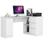 Akord - grand bureau d'angle droit b20 blanc 155 cm 1 porte 3 tiroirs faade blanche 4 tagres 155x85x77 ...
