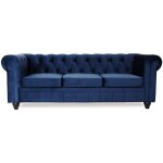 Cotecosy - grand canapé 3 places chesterfield velours bleu Cotecosy - grand canapé 3 places chesterfield velours bleu