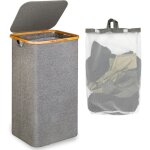 Grand panier � linge avec couvercle, 100l grand panier linge sale avec poign�es en bambou pour v�tements, ...