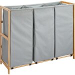 Acaza - grand trieur  linge avec 3 compartiments - panier  linge - tissu / bambou - gris - vert