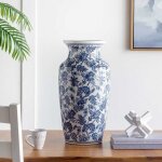 Grand vase c�ramique floral blanc et bleu 30x30x61cm