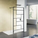 Grand verre paroi de douche avec volet pivotant 70 + 30 design moderne en noir mat avec barre de fixation ...