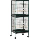 Grande cage � oiseaux sur pied � roulettes - voli�re double, mangeoires, perchoirs, plateau amovible ...
