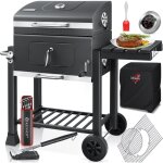 Chariot bbq smoker xl barbecue au charbon de bois avec couvercle, roues, poigne en acier inoxydable, ...