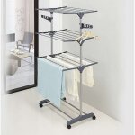 S�choir � linge pliable en acier inoxydable 3 �tages ? ailes lat�rales et roues ? extensible pour int�rieur ...