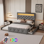 Hauss spole - lit adulte double capitonn� 140x200 cm, avec lit gigogne 90x190 cm, 2 tiroirs, led barre ...