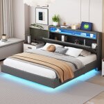 Hauss spole - lit adulte, lit double, usb, led, t�te de lit avec rangement, lin - a, 160x200 cm lin, ...
