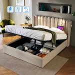 Hauss spole - lit coffre 140 x 200 cm, avec lampe de lecture chargement, lit adulte, lin, sans matelas, ...