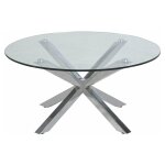 Helium table de salon avec dessus de table en verre clair et pieds chroms.