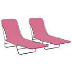 Helloshop26 - chaises longues pliables 2 pi�ces acier et tissu rose