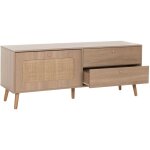 Hhg - meuble tv 172, buffet tv armoire tv commode, porte  tiroir, kubu rotin bois 56x140x41cm chne ...