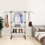 Hofuton portant  vtements avec roulettes, double barre, penderie mtallique, avec etagre de rangement ...