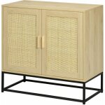 Homcom - buffet 2 portes cannage rotin avec �tag�re pi�tement acier noir poign�es bois pin aspect ch�ne ...