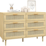 Homcom - commode 6 tiroirs style boh�me chic - dim. 110l x 40l x 75h cm - cannage rotin aspect bois clair ...