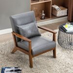 Homemiyn - fauteuil en cuir pu tapis style vintage - fauteuil en bois naturel de bureau de chambre  ...