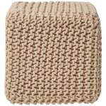 Pouf cube tress� en tricot - beige - homescapes