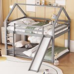 Hommoo - lit superpos� 140x200 cm, lit enfant, lit cabane, avec toboggan et �chelle, en pin, gris, sans ...