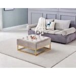 Homy france - table basse rangements tiroirs plateau velours capitonn� gris